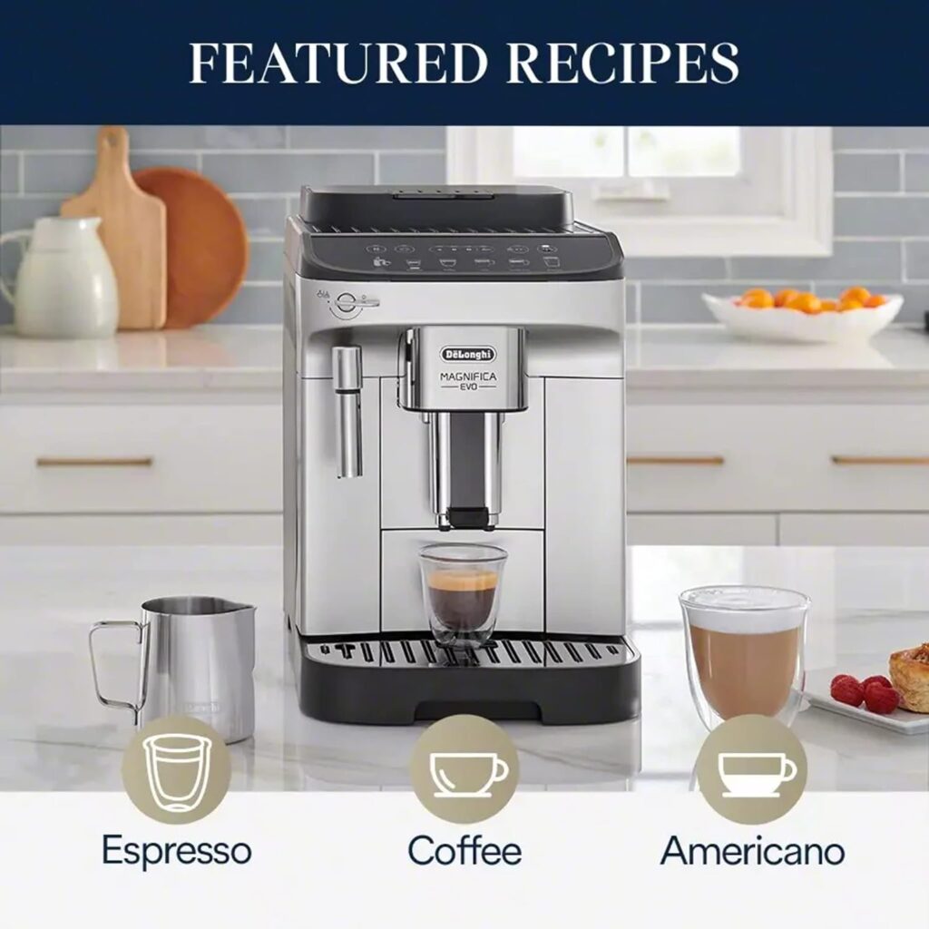 DeLonghi Magnifica Evo with LatteCrema System, Fully Automatic Machine Bean to Cup Espresso Cappuccino and Iced Coffee Maker, Colored Touch Display,Black, Silver