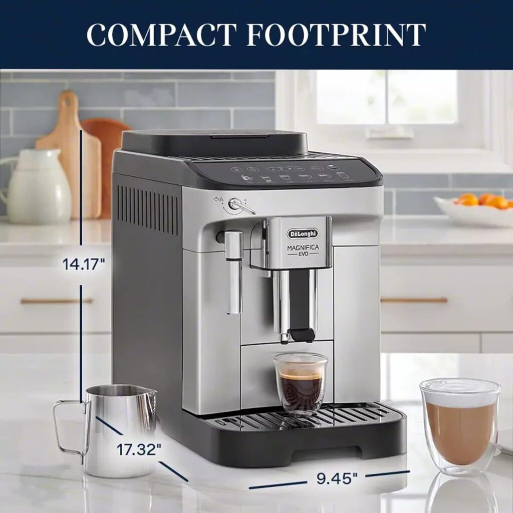 DeLonghi Magnifica Evo with LatteCrema System, Fully Automatic Machine Bean to Cup Espresso Cappuccino and Iced Coffee Maker, Colored Touch Display,Black, Silver