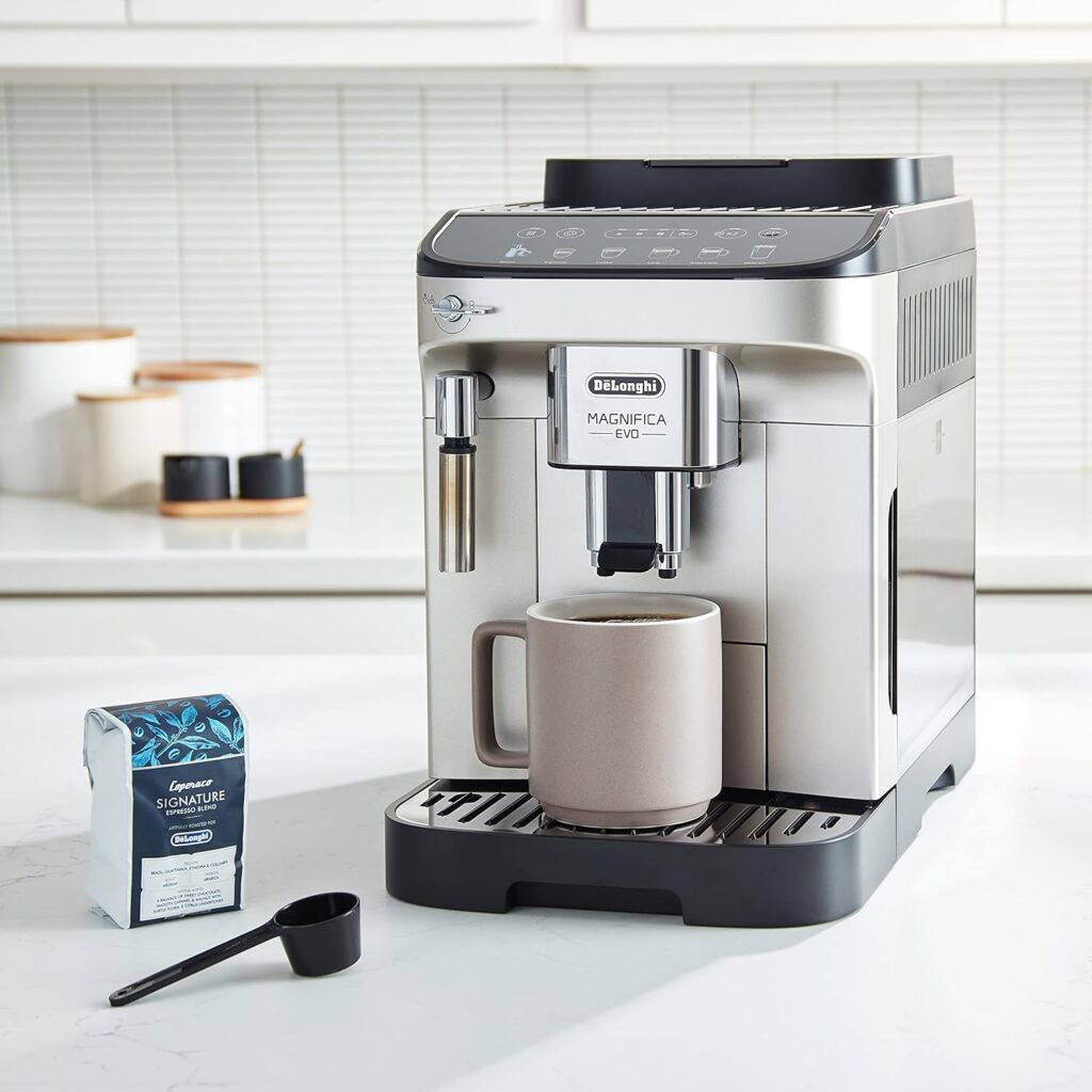 DeLonghi Magnifica Evo with LatteCrema System, Fully Automatic Machine Bean to Cup Espresso Cappuccino and Iced Coffee Maker, Colored Touch Display,Black, Silver