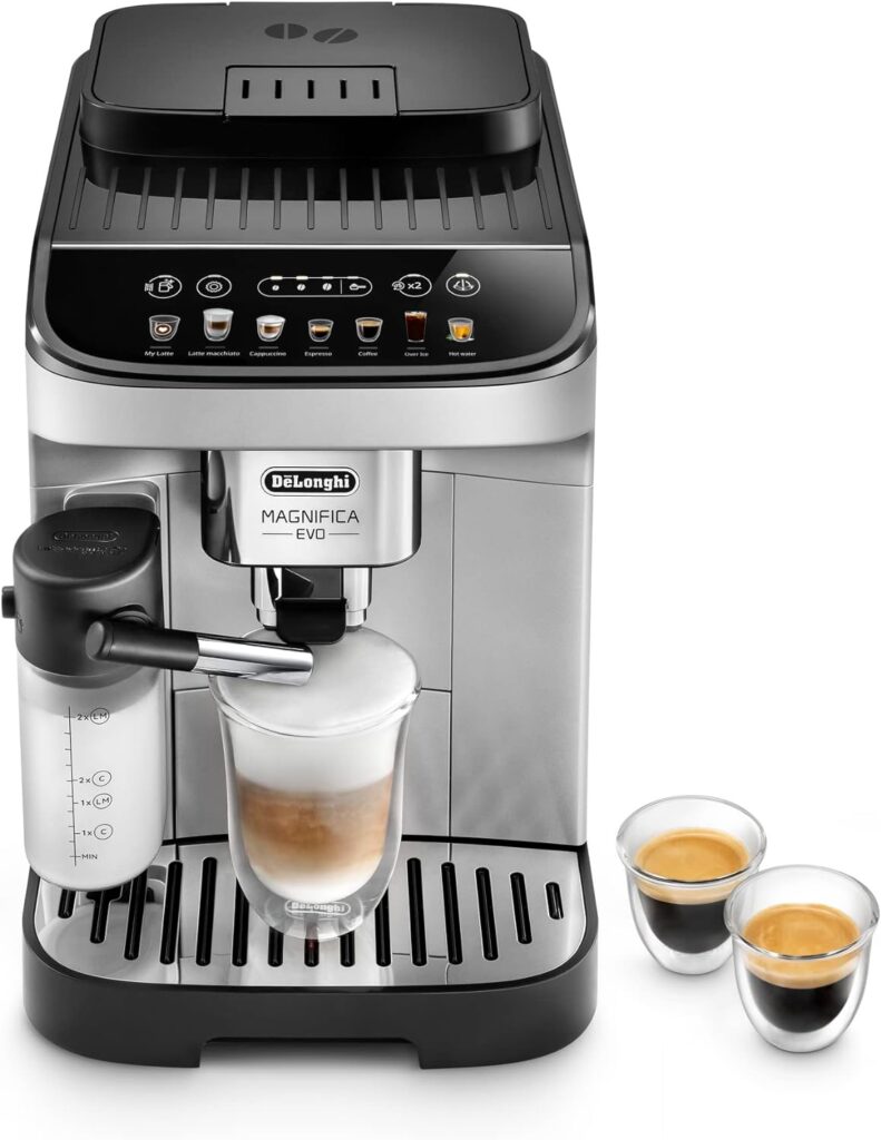 DeLonghi Magnifica Evo with LatteCrema System, Fully Automatic Machine Bean to Cup Espresso Cappuccino and Iced Coffee Maker, Colored Touch Display,Black, Silver