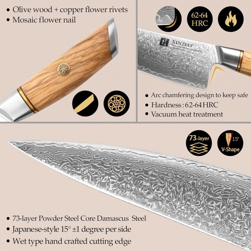 XINZUO 8-Piece Damascus kitchen Knife Set with Block Kitchen Scissors, Hand Forged 73 Layer Damascus Powder Steel Professional Chef Knife Sets, Olive Wood Handle, Gift Box