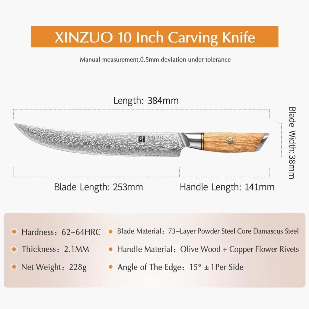 XINZUO 8-Piece Damascus kitchen Knife Set with Block Kitchen Scissors, Hand Forged 73 Layer Damascus Powder Steel Professional Chef Knife Sets, Olive Wood Handle, Gift Box