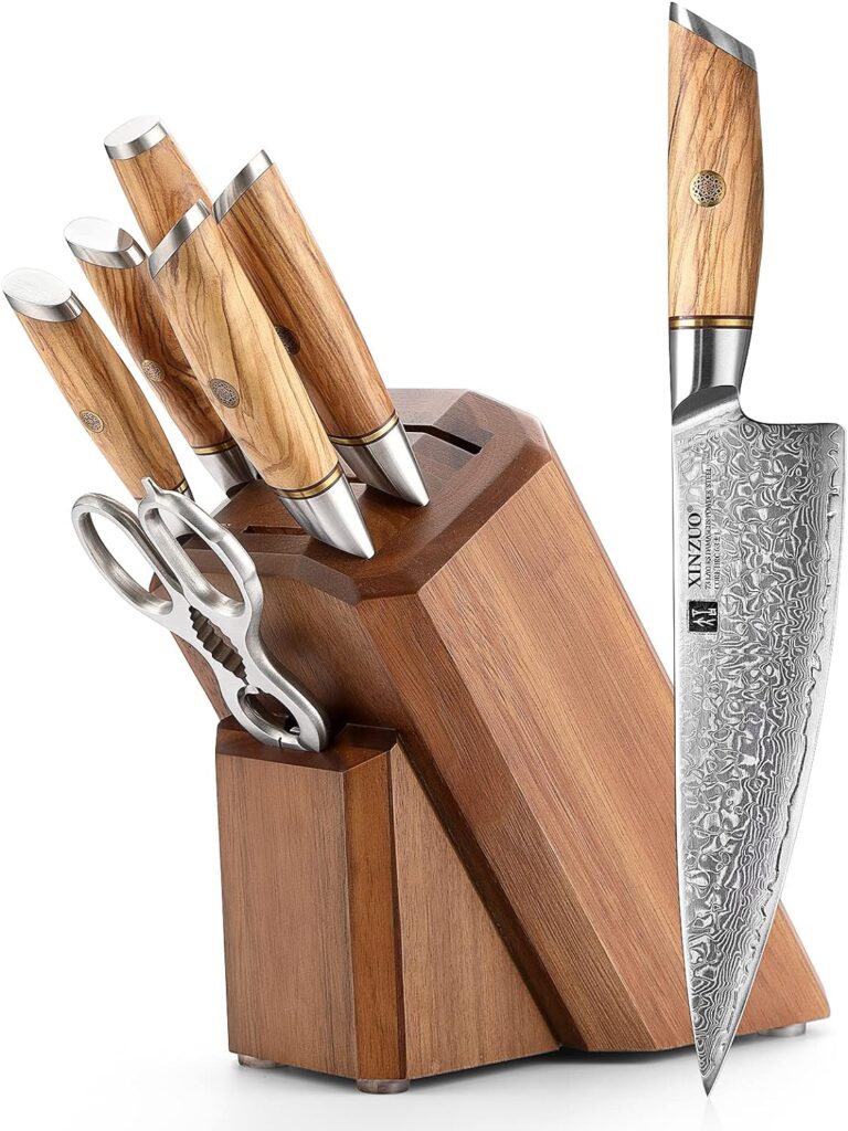 XINZUO 8-Piece Damascus kitchen Knife Set with Block Kitchen Scissors, Hand Forged 73 Layer Damascus Powder Steel Professional Chef Knife Sets, Olive Wood Handle, Gift Box