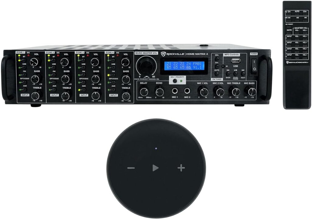 (1) Rockville HOME MATRIX 4 Zone 8 channel 600w Multi Room/Source Receiver/Amplifier Bundle with (1) WiiM Mini Wifi Music Player Wireless Audio Streaming Multiroom Stereo Receiver (2 Items)
