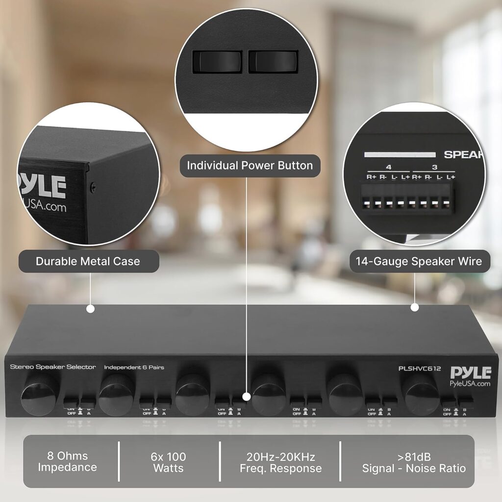 Pyle Home 4-Zone Channel Speaker Switch Selector-Premium New  Improved Switch Box Hub, Distribution Box for Multi-Channel High Powered Stereo Amp A/B/C/D Switches, 4 Pairs Of Speakers, Black - PSS4