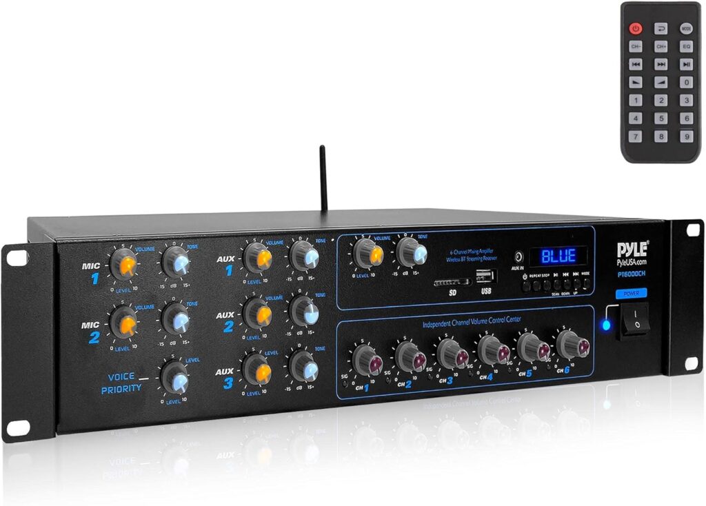 Pyle Wireless Bluetooth Power Amplifier System - 4200W 6CH Powered Rack Mount Portable Multi-Zone Audio Home Stereo Receiver Box w/RCA, USB, AUX - for Speaker, PA, Theater - Pyle PT6000CH