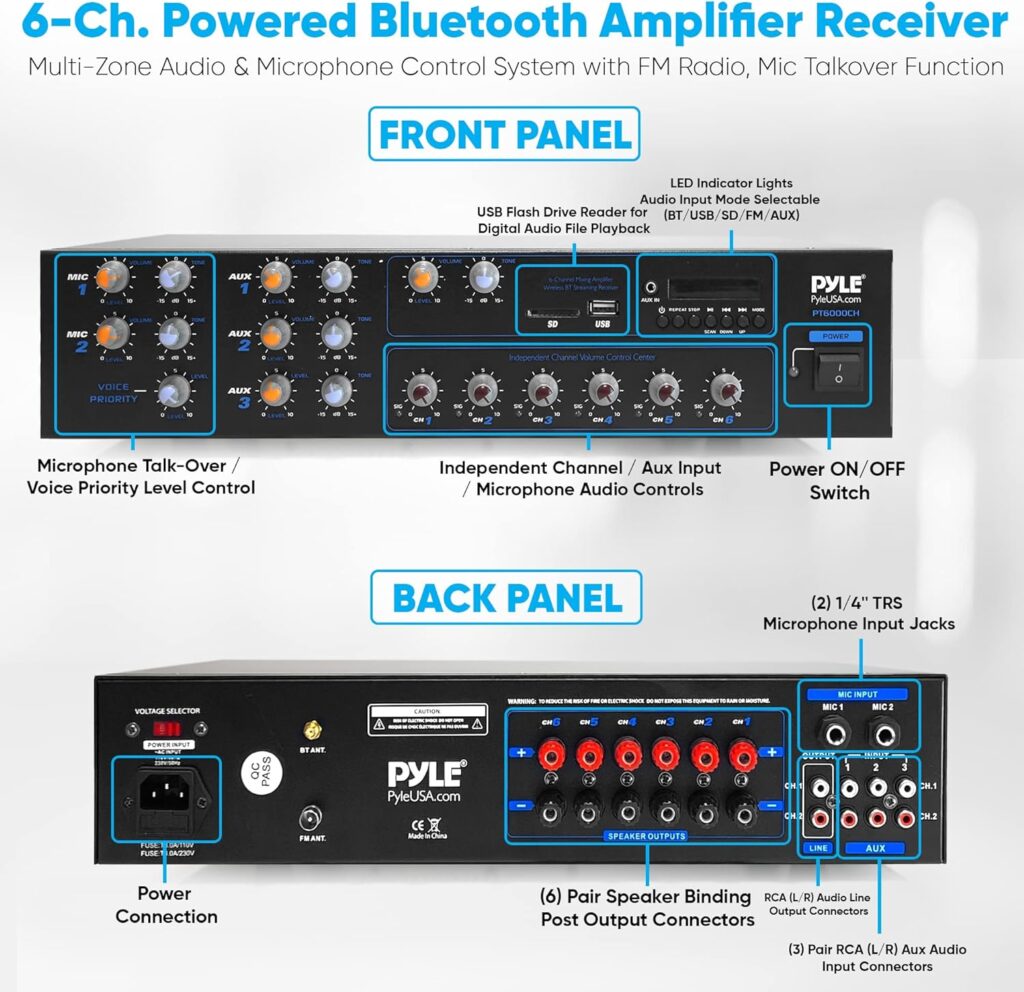 Pyle Wireless Bluetooth Power Amplifier System - 4200W 6CH Powered Rack Mount Portable Multi-Zone Audio Home Stereo Receiver Box w/RCA, USB, AUX - for Speaker, PA, Theater - Pyle PT6000CH